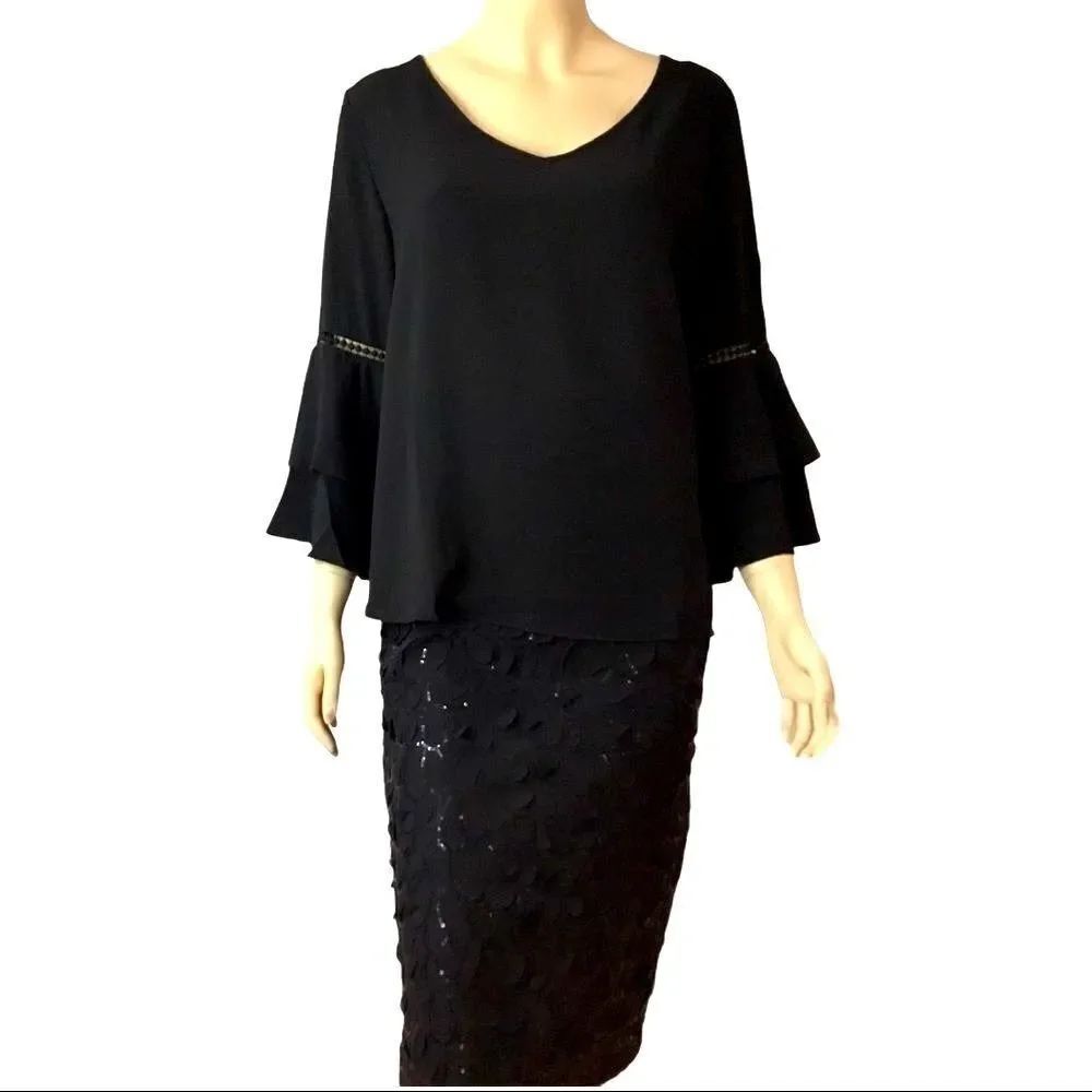 Black V Neckline Bell Sleeve Open Knit Panels Blouse 1XL NWT